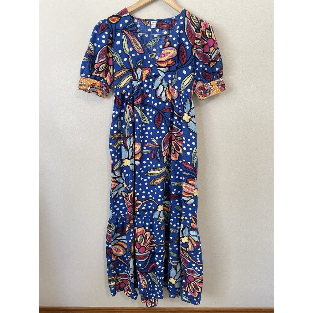 Tabitha Brown Target Blue Floral Maxi Boho Dress Puff Sleeve Tiered Ruffle Sz 0